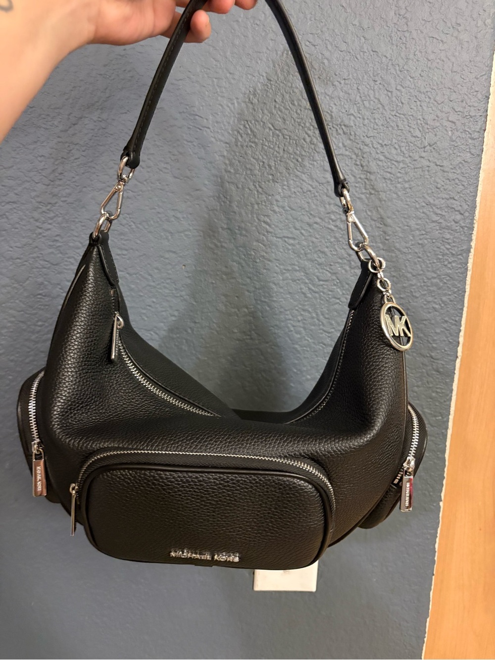 Michael Kors Merritt Black Pebbled Leather Shoulder Hobo with Silver Hardware